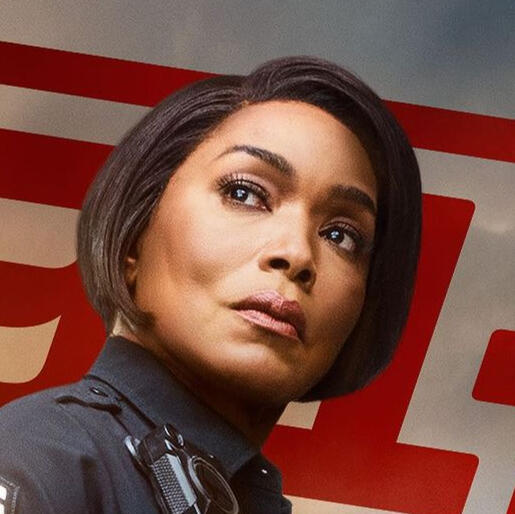 Angela Round image of Angela Bassett's face as Athena in the Season 8 Poster for 9-1-1. She is wearing a straight bob and wearing her black police uniform with the red 9-1-1 logo in the background.